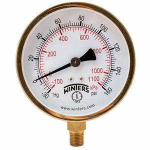 100 SERIES GAUGE STEEL 3.5'' 30''-0-160 PSI / KPA 1 / 4'' NPT LM BR SOCKET