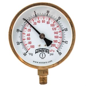 100 SERIES GAUGE STEEL 3.5'' 30''-0-30 PSI / KPA 1 / 4'' NPT LM BR SOCKET