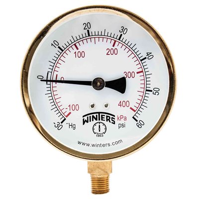 100 SERIES GAUGE STEEL 3.5'' 30''-0-60 PSI / KPA 1 / 4'' NPT LM BR SOCKET