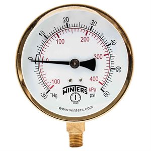 100 SERIES GAUGE STEEL 3.5'' 30''-0-60 PSI / KPA 1 / 4'' NPT LM BR SOCKET