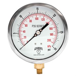 300 SERIES GAUGE ALUM 4.5'' 0-30 PSI / KPA 1 / 4'' NPT LM BR SOCKET