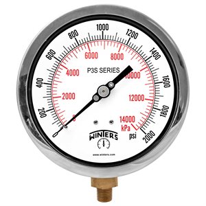 300 SERIES GAUGE ALUM 4.5'' 0-2000 PSI / KPA 1 / 2'' NPT LM BR SOCKET