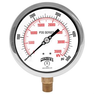 300 SERIES GAUGE ALUM 4.5'' 0-5000 PSI / KPA 1 / 2'' NPT LM BR SOCKET