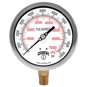 300 SERIES GAUGE ALUM 4.5'' 0-10000 PSI / KPA 1 / 2'' NPT LM BR SOCKET