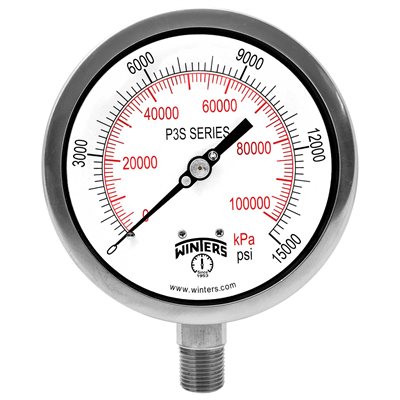 300 SERIES GAUGE ALUM 4.5'' 0-15000 PSI / KPA 1 / 2'' NPT LM BR SOCKET