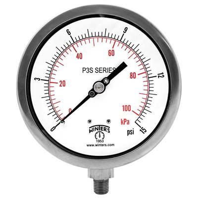 300 SERIES GAUGE ALUM 4.5'' 0-15 PSI / KPA 1 / 4'' NPT LM 316LSS SOCKET