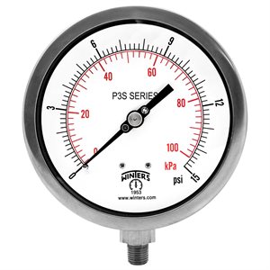 300 SERIES GAUGE ALUM 4.5'' 0-15 PSI / KPA 1 / 4'' NPT LM 316LSS SOCKET