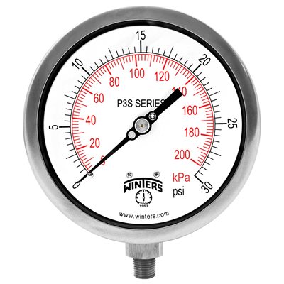 300 SERIES GAUGE ALUM 4.5'' 0-30 PSI / KPA 1 / 4'' NPT LM 316LSS SOCKET