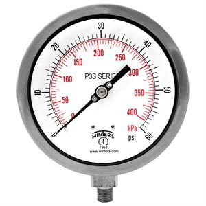 300 SERIES GAUGE ALUM 4.5'' 0-60 PSI / KPA 1 / 4'' NPT LM 316LSS SOCKET