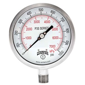 300 SERIES GAUGE ALUM 4.5'' 0-1000 PSI / KPA 1 / 2'' NPT LM 316LSS SOCKET