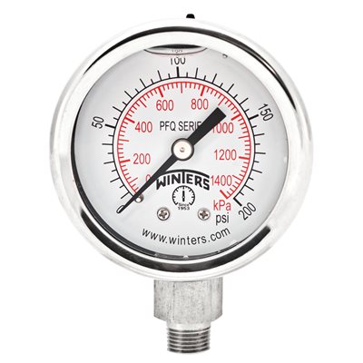 2'' x 1 / 8'' NPT BTM SS, 0-200 PSI / KPA, GLYCERIN FILLED