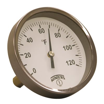 Winters TBM Series Stainless Steel 304 Single Scale Bi-Metal Thermometer,  4 Stem, 1/2 NPT Fixed Center Back Mount Connection, 3 Dial, 0-250 F Range