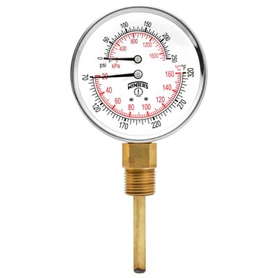 TTD SERIES TRIDICATOR, 3'' DIAL, 0 / 250 PSI / KPA & 70 / 320 F / C, 1 / 2'' BTM