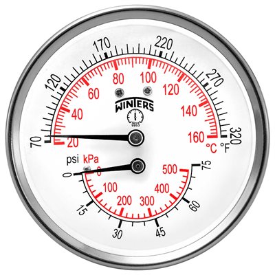 TTD SERIES TRIDICATOR, 3'' DIAL, 0 / 75 PSI / KPA & 70 / 320 F / C, 1 / 2'' CTR BACK