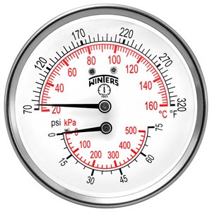 TTD SERIES TRIDICATOR, 3'' DIAL, 0 / 75 PSI / KPA & 70 / 320 F / C, 1 / 2'' CTR BACK