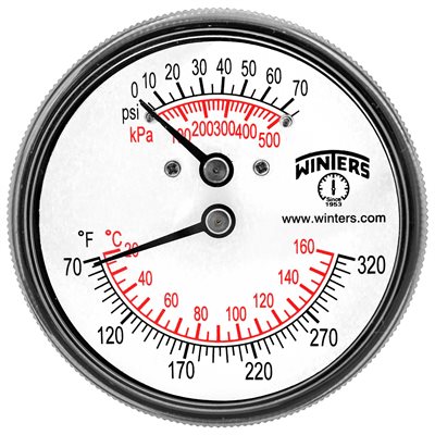 TTD SERIES TRIDICATOR, 2.5'' DIAL, 0 / 75 PSI / KPA & 70 / 320 F / C, 1 / 4'' CTR BACK