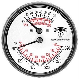 TTD SERIES TRIDICATOR, 2.5'' DIAL, 0 / 75 PSI / KPA & 70 / 320 F / C, 1 / 4'' CTR BACK