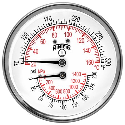 TTD SERIES TRIDICATOR, 3'' DIAL, 0 / 200 PSI / KPA & 70 / 320 F / C, 1 / 2'' CTR BACK