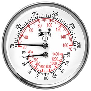 TTD SERIES TRIDICATOR, 3'' DIAL, 0 / 200 PSI / KPA & 70 / 320 F / C, 1 / 2'' CTR BACK
