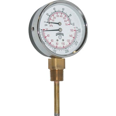 TTD SERIES TRIDICATOR, 3'' DIAL, 0 / 100 PSI / KPA & 70 / 320 F / C, 1 / 2'' BTM