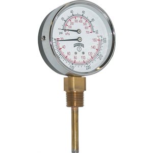 TTD SERIES TRIDICATOR, 3'' DIAL, 0 / 100 PSI / KPA & 70 / 320 F / C, 1 / 2'' BTM